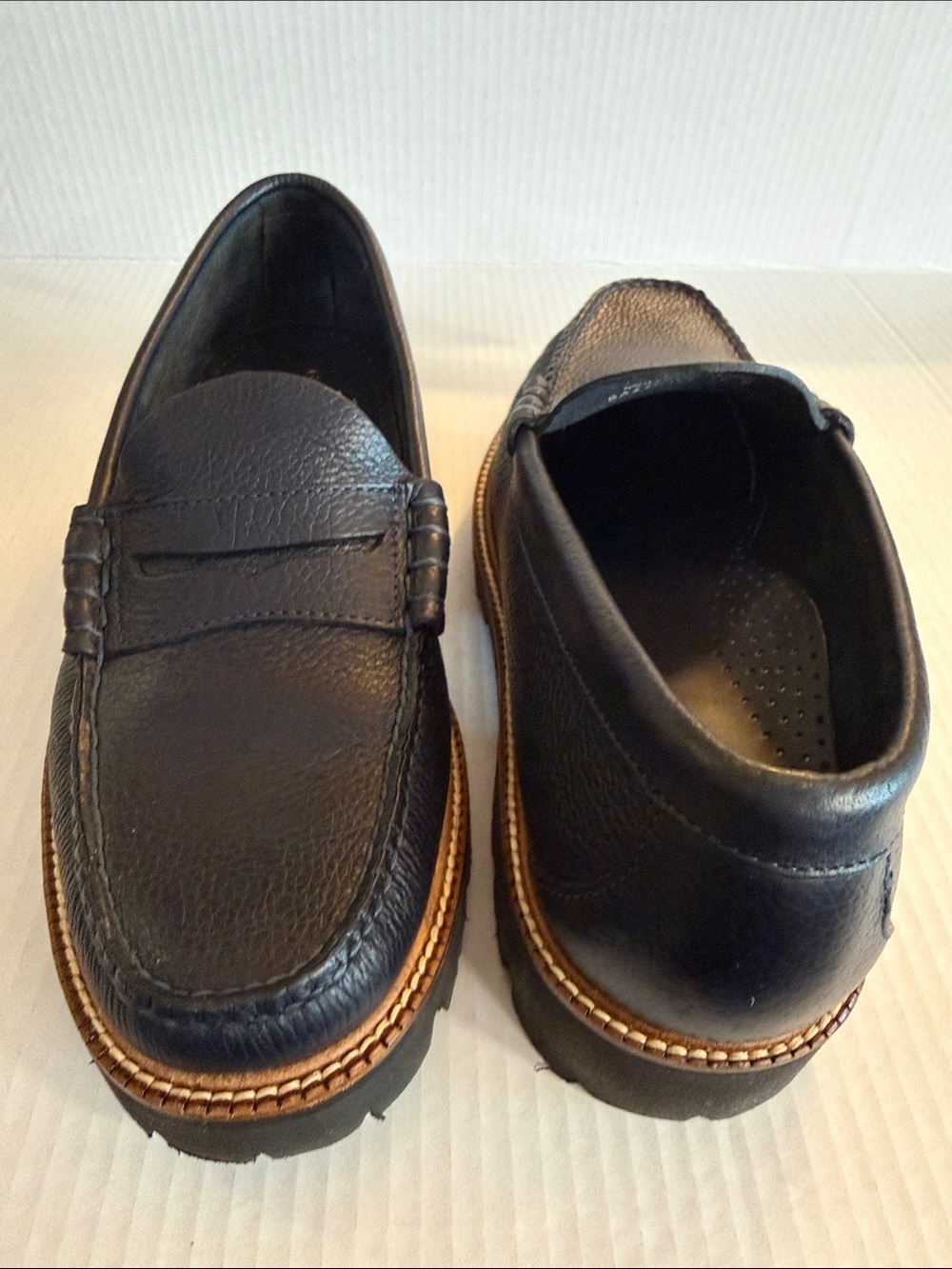Navy Blue Leather Slip-On Penny Loafers with Contrast Welt